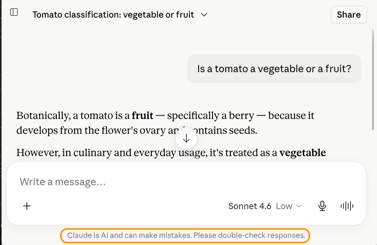 Disclaimer underneath Claude chat window saying Claude is AI and can make mistakes.